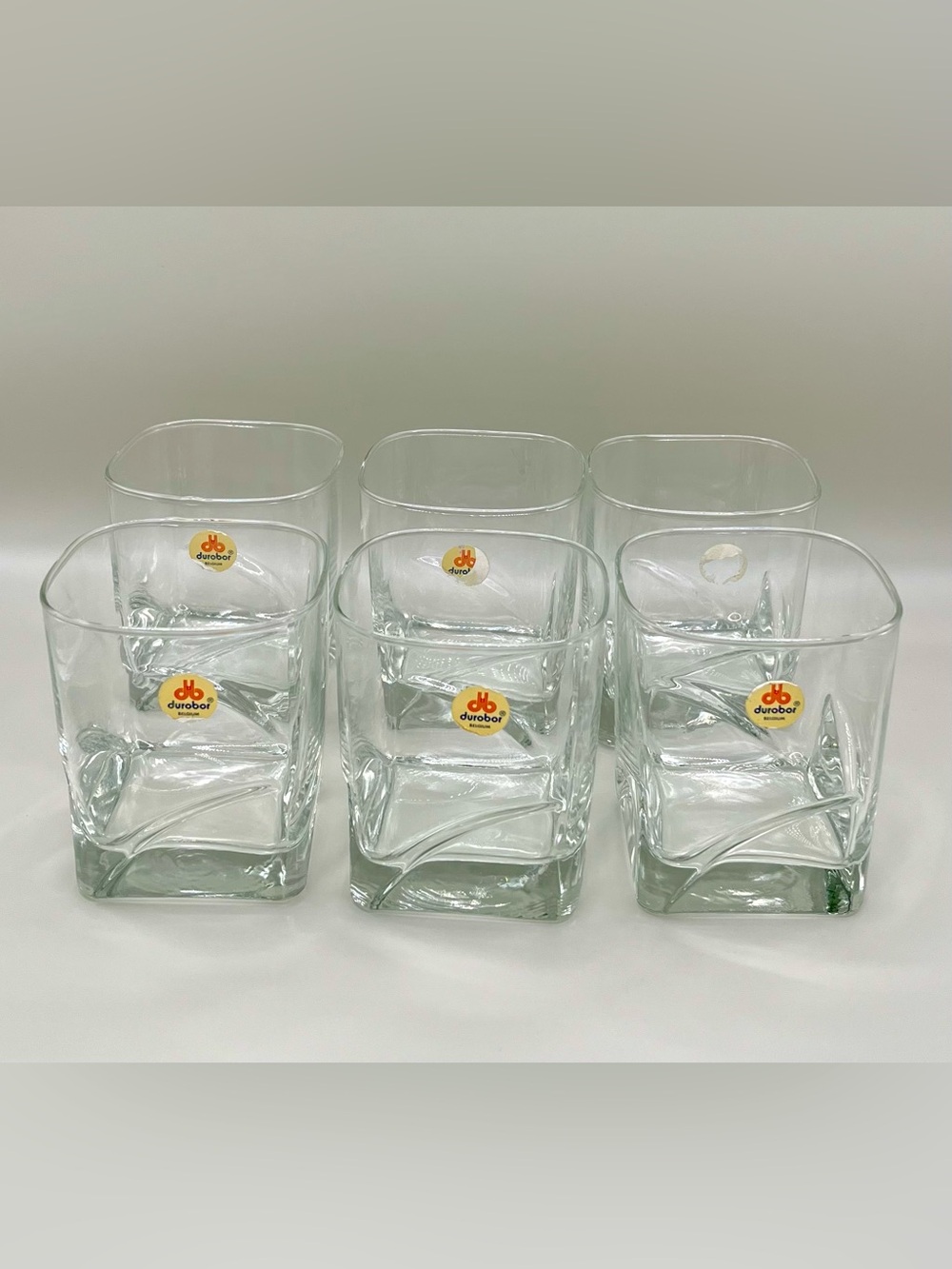Vintage Durobor Belgium Set of 6 Heavy Glass Square Twist Base Whiskey Cocktail